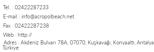 Acropol Beach Hotel telefon numaralar, faks, e-mail, posta adresi ve iletiim bilgileri